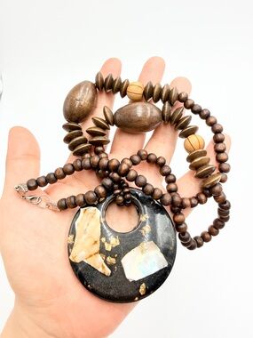 Boho Wooden Beaded Statement Necklace with Black Resin Shell Pendant